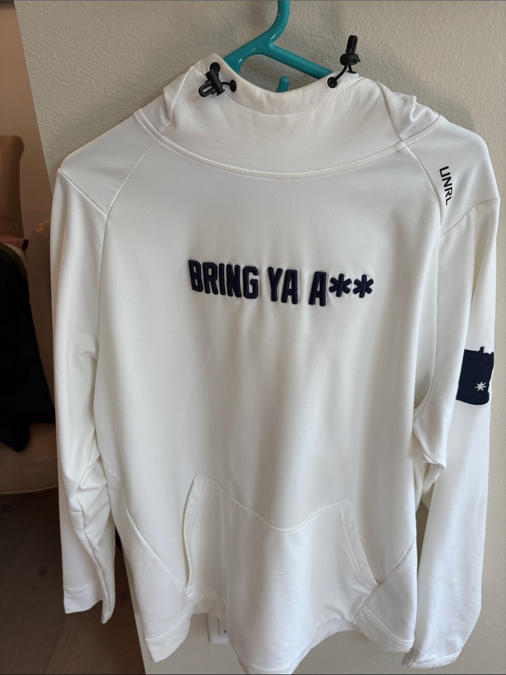 UNRL TIMBERWOLVES White Mens hoodie– 'Bring Ya A**' Embroidered